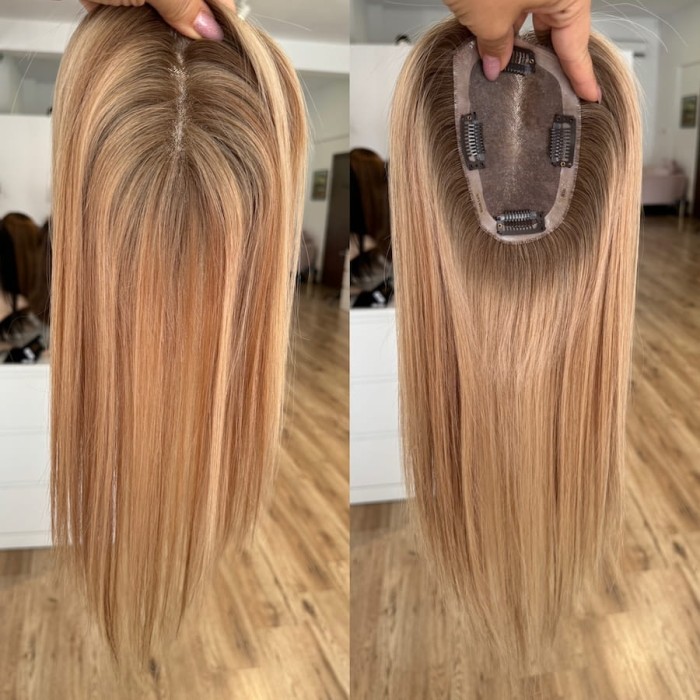 mini topper 45 cm widok z tyłu długość włosów blond balayage.jpg