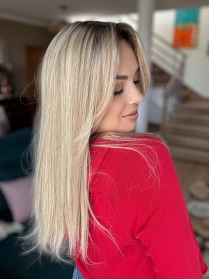 Eliza 45-50 cm 20x20 z grzywką na boki Topper do zagęszczenia włosów baleyage blond z ciemnym odrostem