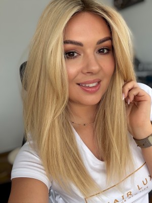 Lara M 55 cm z grzywką peruka naturalna damska front lace baleyage blond | HairLux