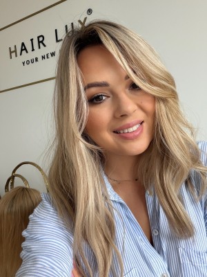 Topper naturalny FLOR 45 cm – baleyage blond z odrostem| baza 20x20 cm ultra flat front 