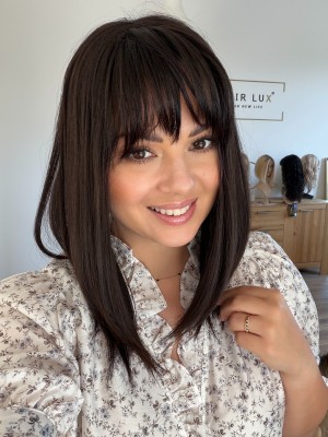 Topper damski Jovita 40 cm z grzywką lace 20x20 cm – bardzo ciemny brąz #2, lekki, naturalny efekt | HairLux 