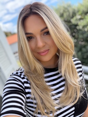 Peruka damska Chloe Cream Beige Blonde 60 cm z włosów syntetycznych - jasny beżowy blond z odrostem | HairLux 