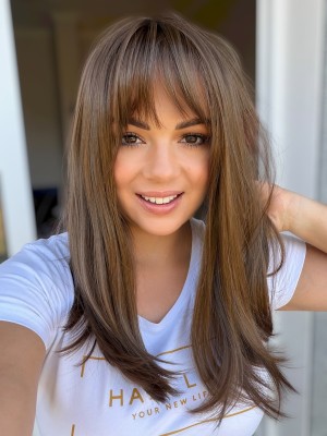 Topper damski Alma 45 cm z lace front z grzywką, ombre brąz – włosy syntetyczne termoodporne | HairLux