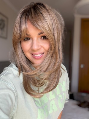 Topper damski Dakota 35 cm z lace front z grzywką, ciepły brąz balayage – włosy syntetyczne termoodporne | HairLux