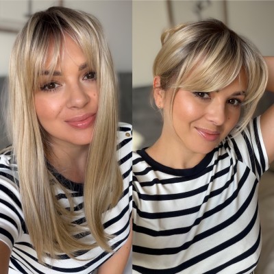 Topper damski Victoria 45 cm z lace front z grzywką, jasny blond z odrostem – włosy syntetyczne termoodporne | HairLux