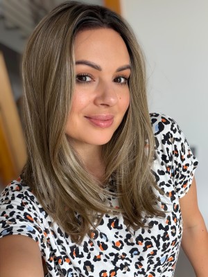 Topper damski Madlen 45 cm z lace front, chłodny brąz z ciemniejszym odrostem – włosy syntetyczne termoodporne | HairLux